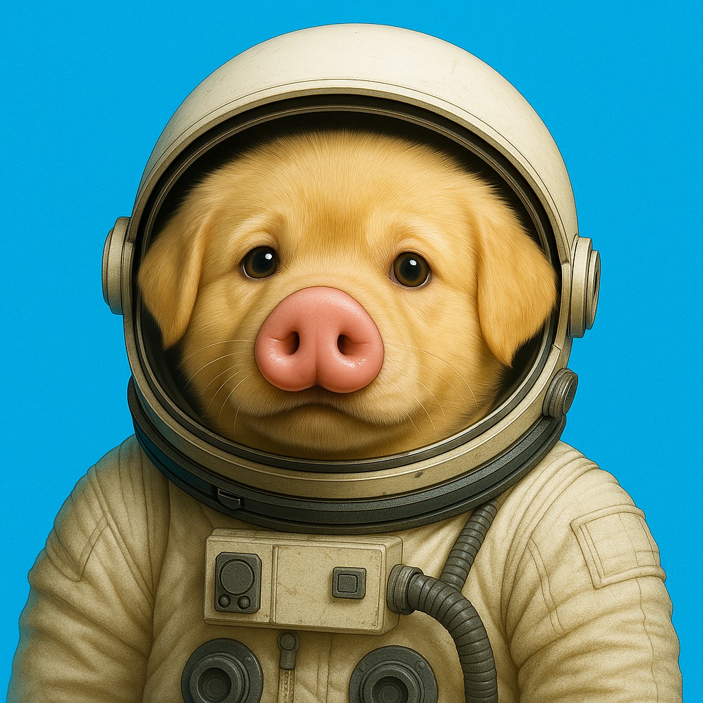 Moon Up Pig - Golden retriever astronaut with pig snout and unicorn horn